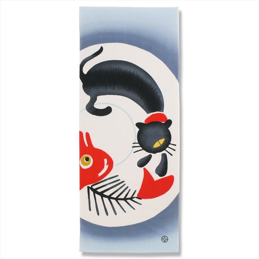 Kyo-Yuzen Dyeing Tenugui Towel (Japanese Hand Towel) - Cat and Red Sea Bream -, Made in Kyoto, Japan