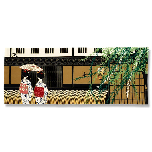 Kyo-Yuzen Dyeing Tenugui Towel (Japanese Hand Towel) - Japanese Maiko and Weeping Willow -, Made in Kyoto, Japan