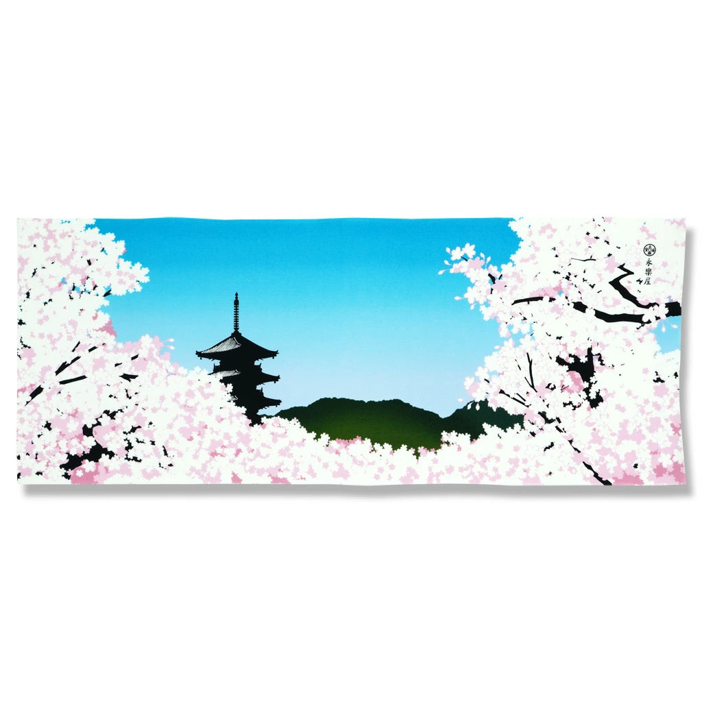 Kyo-Yuzen Dyeing Tenugui Towel (Japanese Hand Towel) - Cherry Blossom and Five-storied Pagoda -, Made in Kyoto, Japan