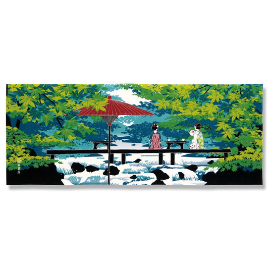 Kyo-Yuzen Dyeing Tenugui Towel (Japanese Hand Towel) - Japanese Maiko and Kawadoko (riverside dining) -, Made in Kyoto, Japan