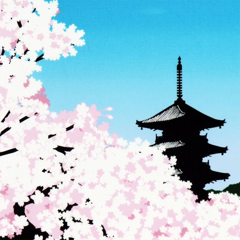 Kyo-Yuzen Dyeing Tenugui Towel (Japanese Hand Towel) - Cherry Blossom and Five-storied Pagoda -, Made in Kyoto, Japan