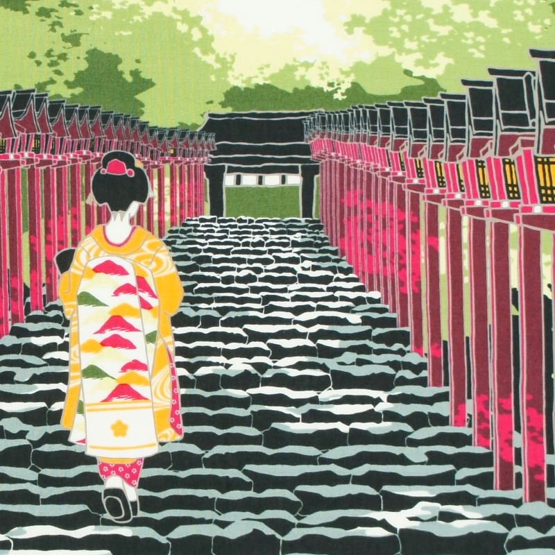 Kyo-Yuzen Dyeing Tenugui Towel (Japanese Hand Towel) - Japanese Maiko and Lantern -, Made in Kyoto, Japan