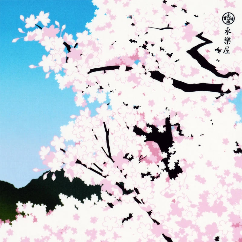 Kyo-Yuzen Dyeing Tenugui Towel (Japanese Hand Towel) - Cherry Blossom and Five-storied Pagoda -, Made in Kyoto, Japan