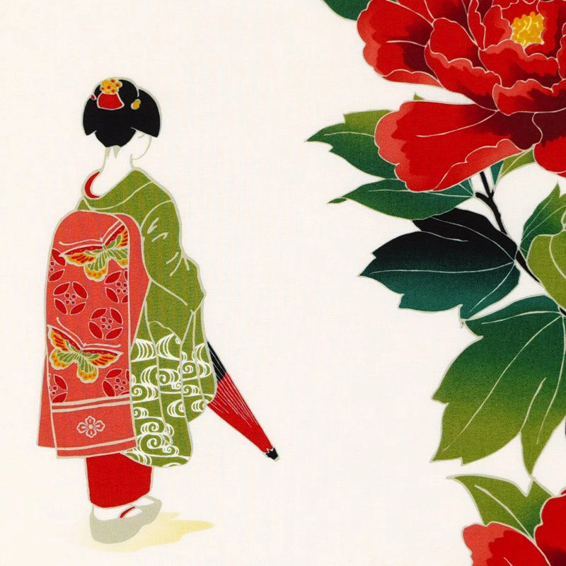 Kyo-Yuzen Dyeing Tenugui Towel (Japanese Hand Towel) - Japanese Maiko and Peony -, Made in Kyoto, Japan