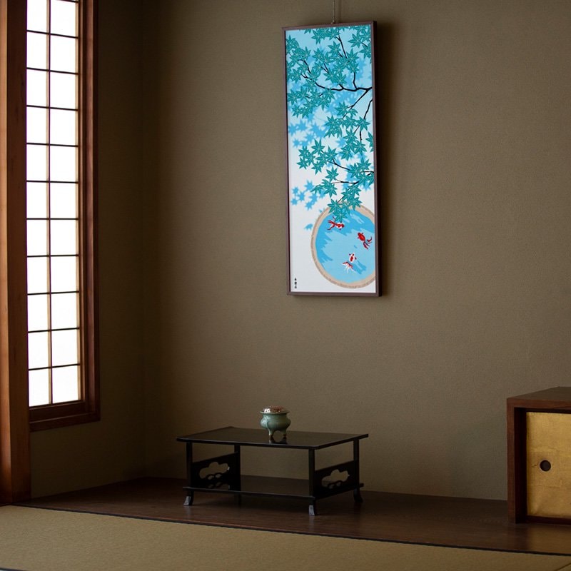 Kyo-Yuzen Dyeing Tenugui Towel (Japanese Hand Towel) - Goldfish and Green Maple Leaves -, Made in Kyoto, Japan