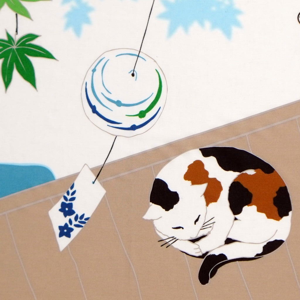 Kyo-Yuzen Dyeing Tenugui Towel (Japanese Hand Towel) - Cat and Green Maple Leaves -, Made in Kyoto, Japan
