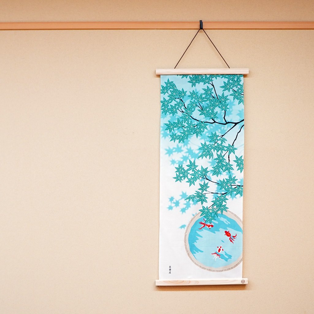 Kyo-Yuzen Dyeing Tenugui Towel (Japanese Hand Towel) - Goldfish and Green Maple Leaves -, Made in Kyoto, Japan