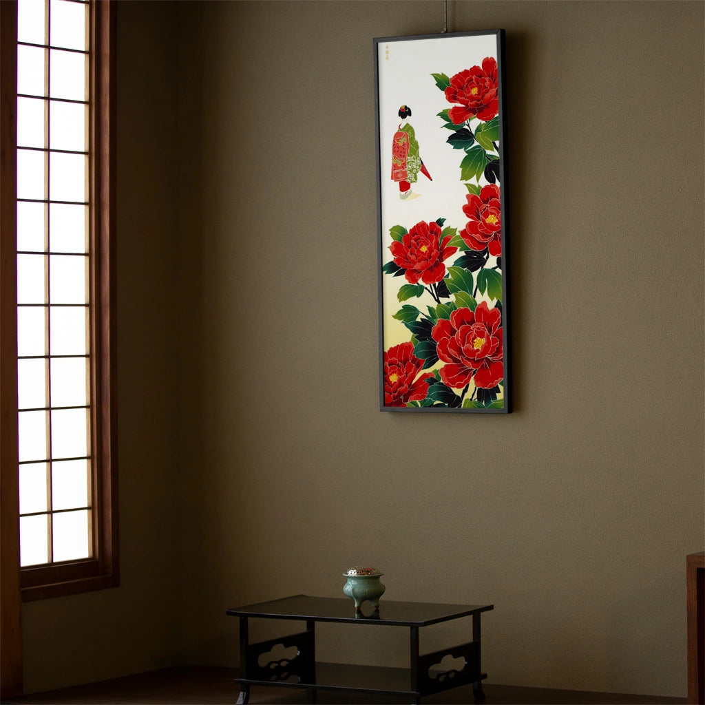 Kyo-Yuzen Dyeing Tenugui Towel (Japanese Hand Towel) - Japanese Maiko and Peony -, Made in Kyoto, Japan