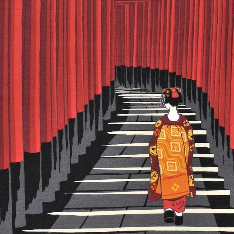Kyo-Yuzen Dyeing Tenugui Towel (Japanese Hand Towel) - Torii Gate and Japanese Maiko -, Made in Kyoto, Japan