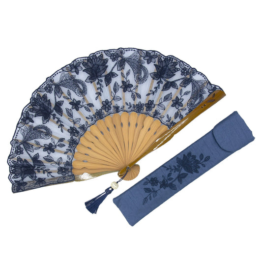 Kyo-sensu (Japanese folding fan) for Women - Silk Lace / Royal Navy Blue - , Made in Kyoto, Japan , Kyoto sensu
