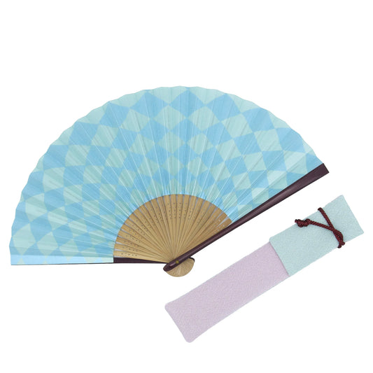 Reversible Kyo-sensu (Japanese folding fan) for Women - Ichimatsu pattern (Japanese Checkered Pattern) / Blue and Light Purple - , Made in Kyoto, Japan , Kyoto sensu