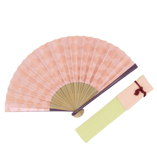 Reversible Kyo-sensu (Japanese folding fan) for Women - Ichimatsu pattern (Japanese Checkered Pattern) / Red and Yellow Green - , Made in Kyoto, Japan , Kyoto sensu