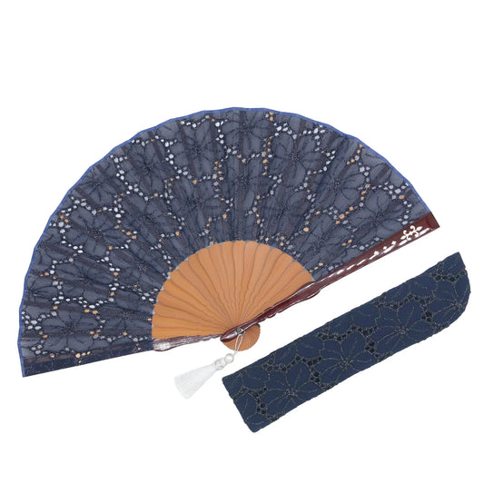 Kyo-sensu (Japanese folding fan) for Women - Lace Fabric / Navy Blue - , Made in Kyoto, Japan , Kyoto sensu