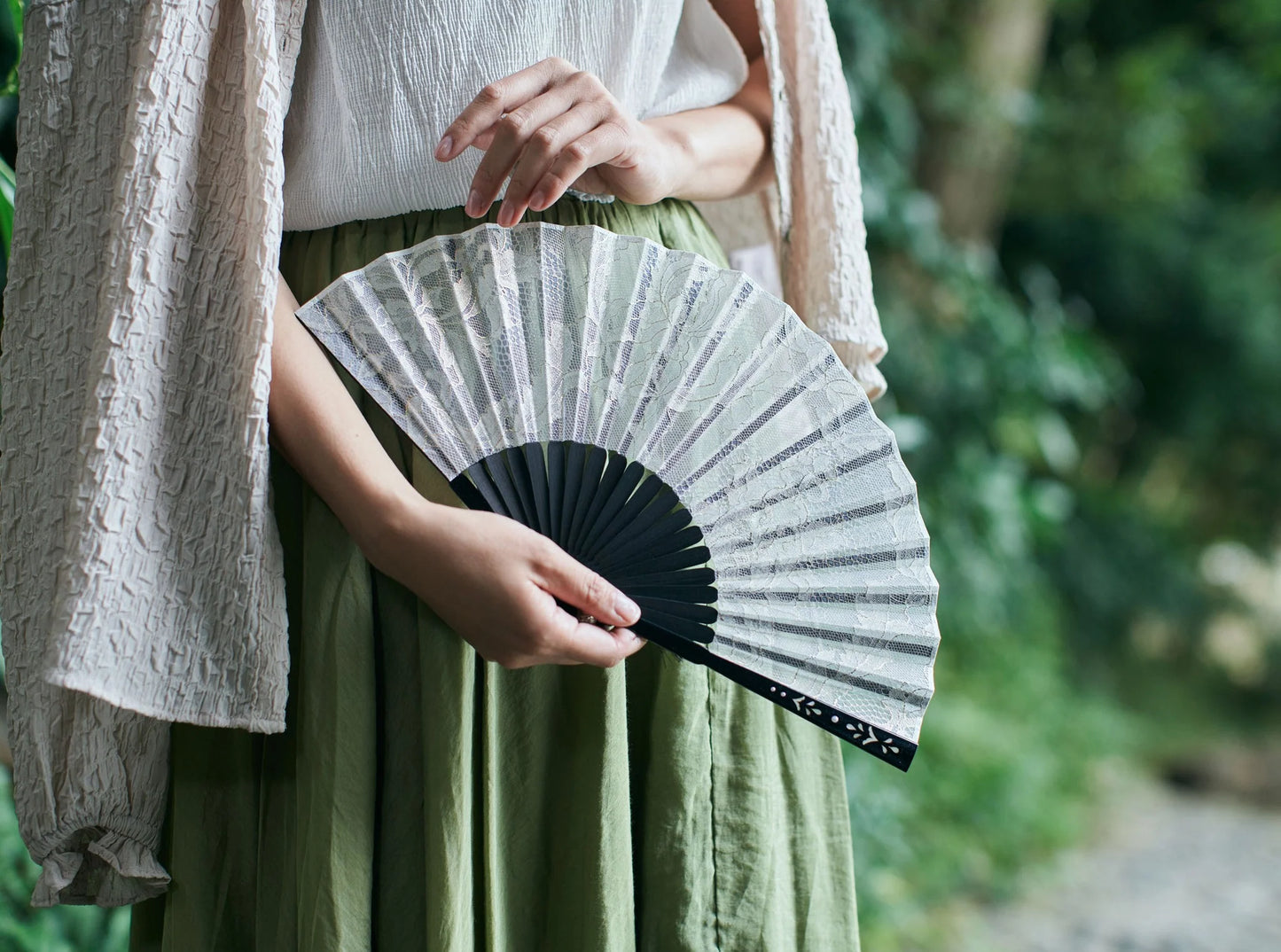 Kyo-sensu (Japanese folding fan) for Women - Leavers Lace / Black -, Made in Kyoto, Japan, Kyoto sensu