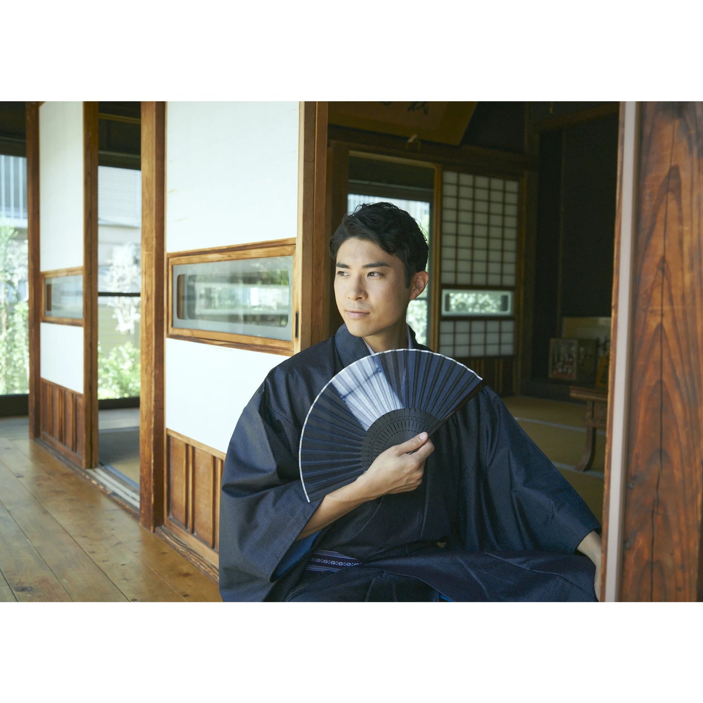 Kyo-sensu (Japanese folding fan) for Men - Aizome / Dark Indigo Blue Color (Thick Line) - , Made in Kyoto, Japan , Kyoto sensu
