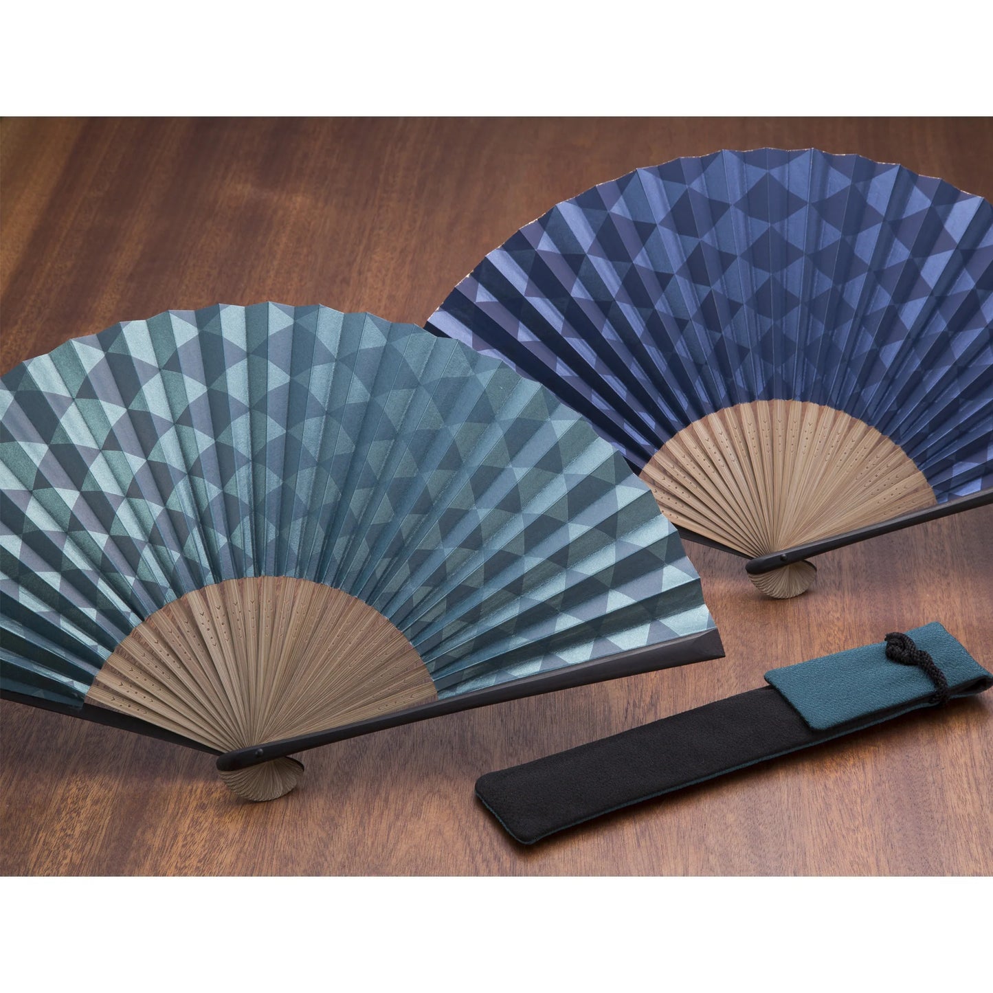 Reversible Kyo-sensu (Japanese folding fan) for Men - Ichimatsu pattern (Japanese Checkered Pattern) / Indigo Blue and Gray - , Made in Kyoto, Japan , Kyoto sensu