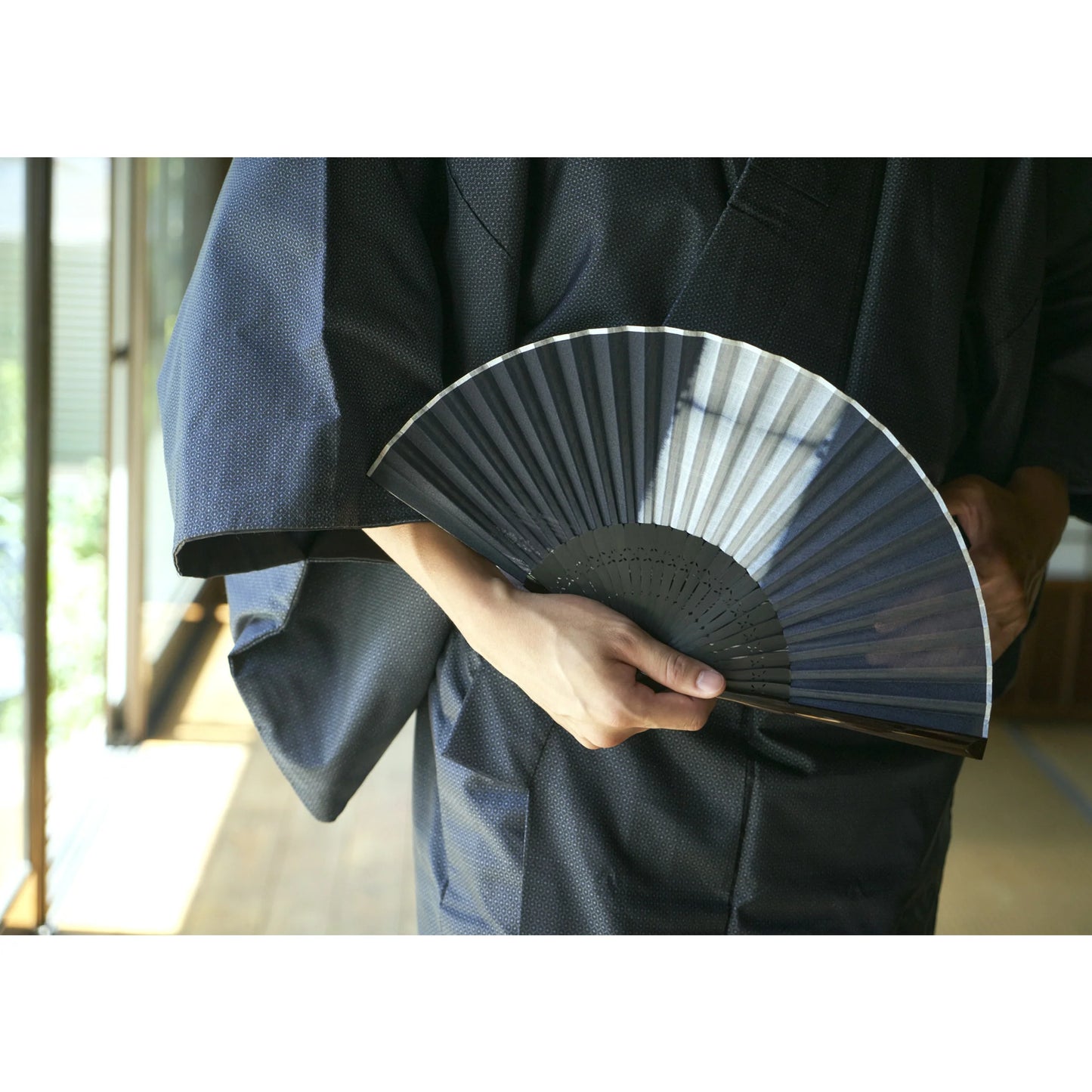 Kyo-sensu (Japanese folding fan) for Men - Aizome / Dark Indigo Blue Color (Thick Line) - , Made in Kyoto, Japan , Kyoto sensu