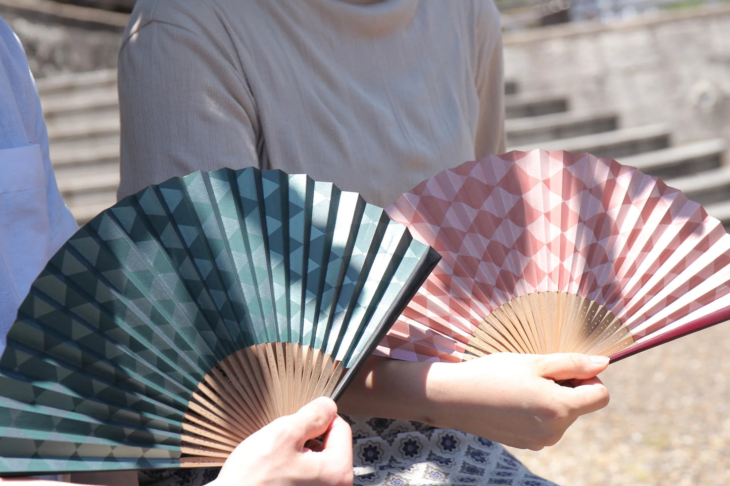 Reversible Kyo-sensu (Japanese folding fan) for Men - Ichimatsu pattern (Japanese Checkered Pattern) / Indigo Blue and Gray - , Made in Kyoto, Japan , Kyoto sensu