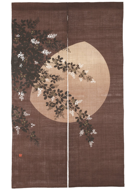 Hand-dyed Linen Noren (Japanese Doorway Curtain) - Bush Clover and Moon - , Kyoto Noren