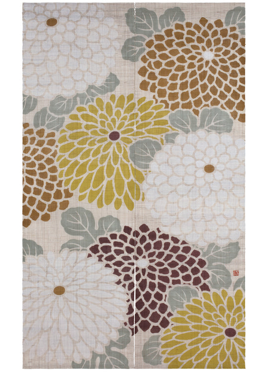 Hand-dyed Linen Noren (Japanese Doorway Curtain) - Chrysanthemum - , Kyoto Noren