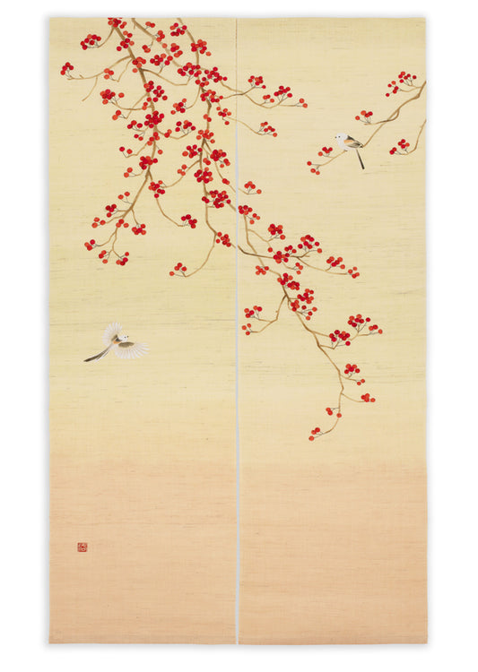 Hand-dyed Linen Noren (Japanese Doorway Curtain) - Japanese Winterberry - , Kyoto Noren