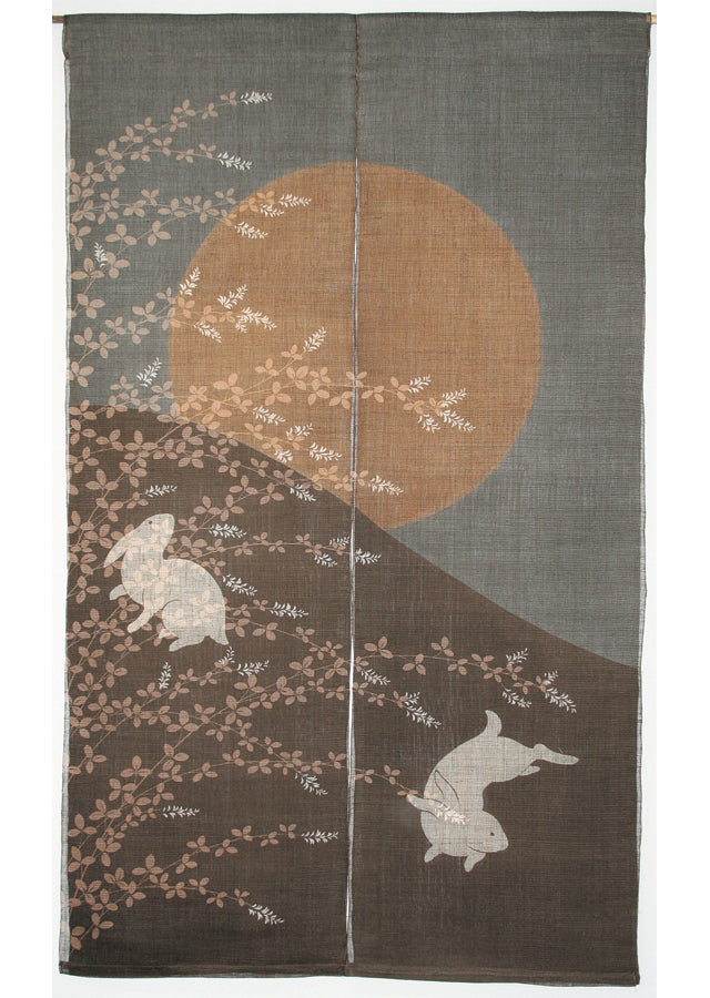 Hand-dyed Linen Noren (Japanese Doorway Curtain) - Moon-viewing Rabbits - , Kyoto Noren