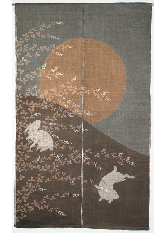 Hand-dyed Linen Noren (Japanese Doorway Curtain) - Moon-viewing Rabbits - , Kyoto Noren