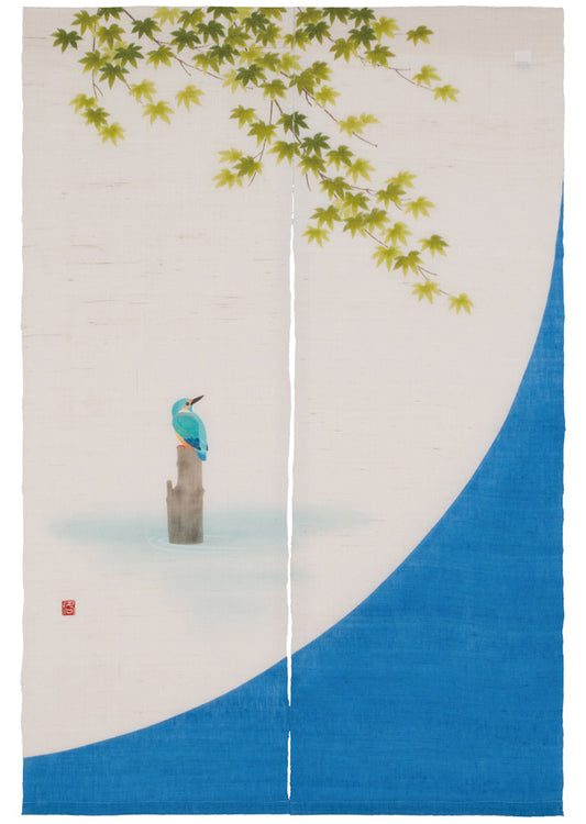 Hand-dyed Linen Noren (Japanese Doorway Curtain) - Maple and Kingfisher - , Kyoto Noren
