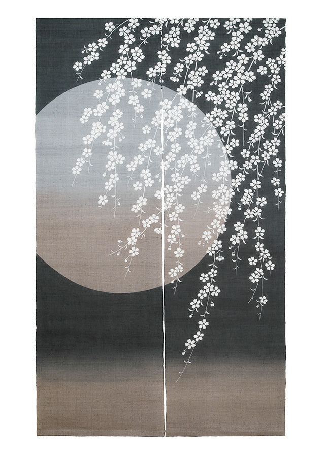Hand-dyed Linen Noren (Japanese Doorway Curtain) - Cherry Blossom on a Moonlit Night - , Kyoto Noren