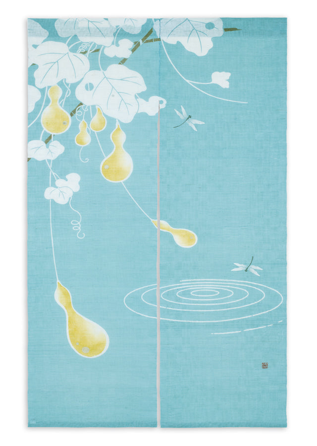 Hand-dyed Linen Noren (Japanese Doorway Curtain) - Dragonfly and Gourd - , Kyoto Noren