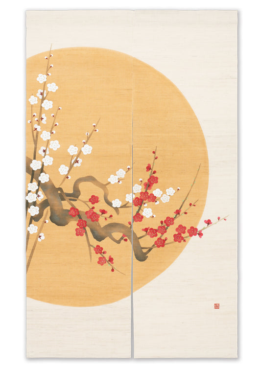 Hand-dyed Linen Noren (Japanese Doorway Curtain) - Full Moon and Plum - , Kyoto Noren