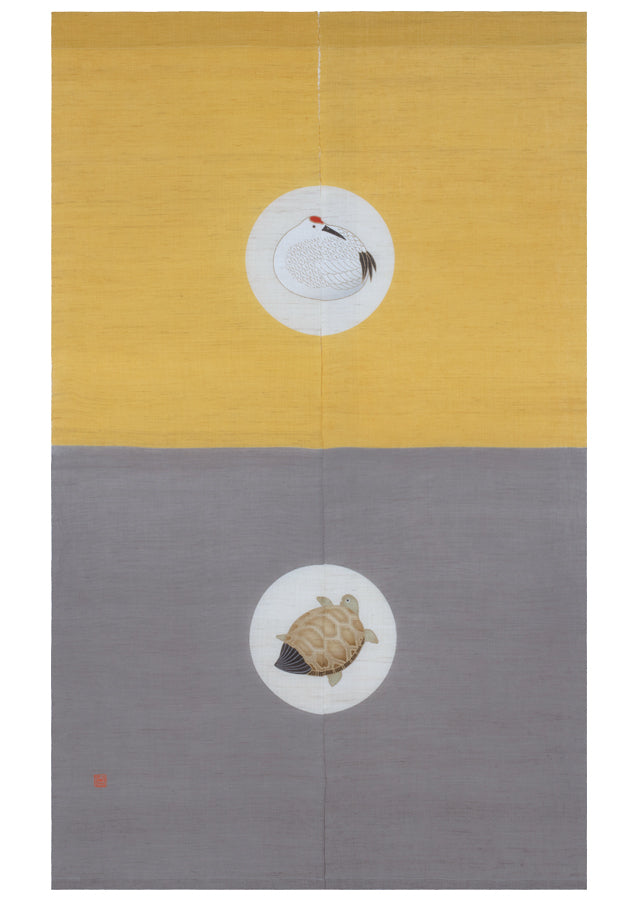 Hand-dyed Linen Noren (Japanese Doorway Curtain) - Crane and Turtle - , Kyoto Noren