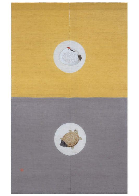 Hand-dyed Linen Noren (Japanese Doorway Curtain) - Crane and Turtle - , Kyoto Noren