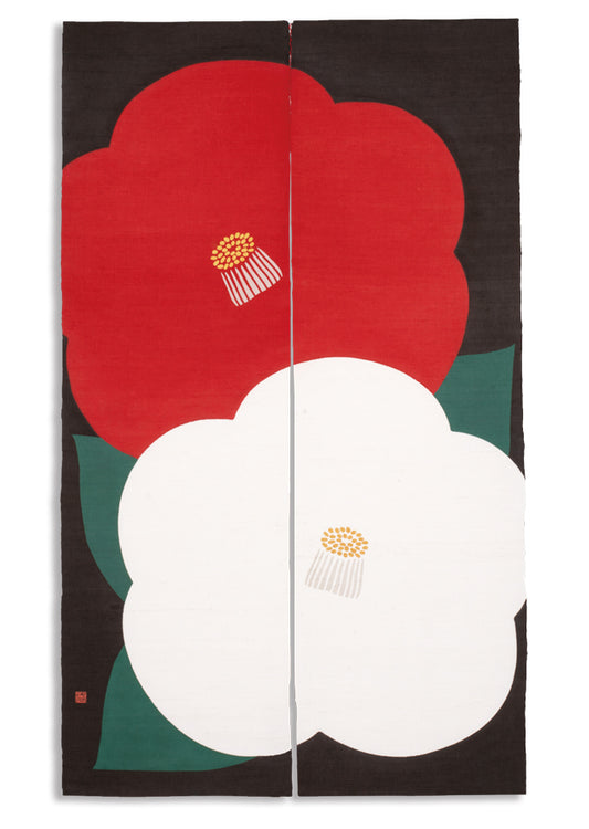 Hand-dyed Linen Noren (Japanese Doorway Curtain) - Red and White Camellia - , Kyoto Noren
