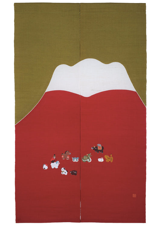 Hand-dyed Linen Noren (Japanese Doorway Curtain) - Red Mt. Fuji and Japanese Zodiac - , Kyoto Noren