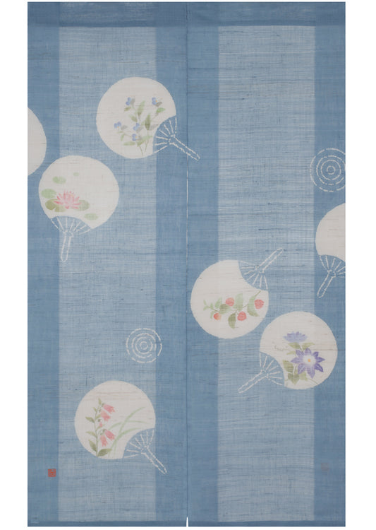 Hand-dyed Linen Noren (Japanese Doorway Curtain) - Uchiwa (Japanese fan) - , Kyoto Noren