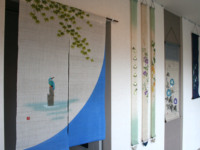 Hand-dyed Linen Noren (Japanese Doorway Curtain) - Maple and Kingfisher - , Kyoto Noren