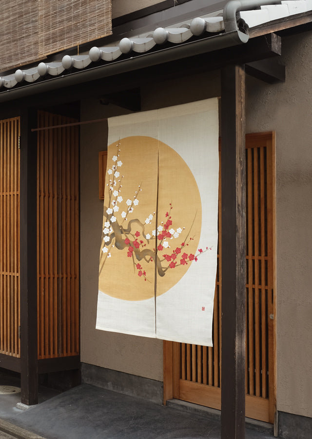 Hand-dyed Linen Noren (Japanese Doorway Curtain) - Full Moon and Plum - , Kyoto Noren