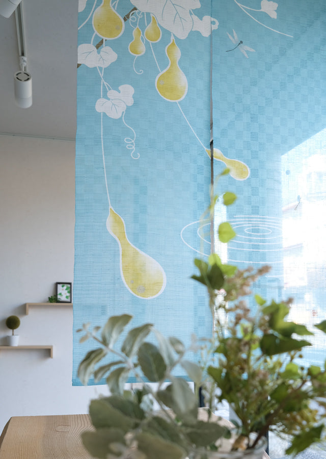 Hand-dyed Linen Noren (Japanese Doorway Curtain) - Dragonfly and Gourd - , Kyoto Noren
