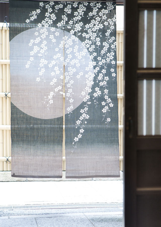 Hand-dyed Linen Noren (Japanese Doorway Curtain) - Cherry Blossom on a Moonlit Night - , Kyoto Noren