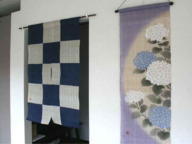 Hand-dyed Linen Noren (Japanese Doorway Curtain) - Ichimatsu pattern (Japanese Checkered Pattern) - , Kyoto Noren