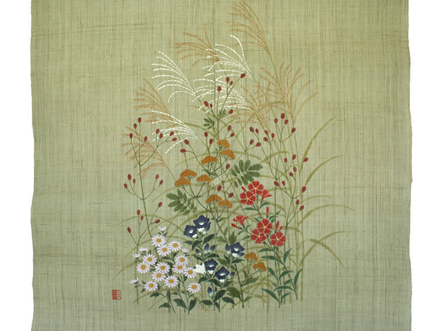 Hand-dyed Linen Noren (Japanese Doorway Curtain) - Seven flowers of autumn - , Kyoto Noren