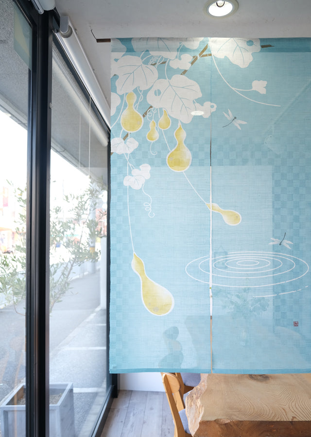 Hand-dyed Linen Noren (Japanese Doorway Curtain) - Dragonfly and Gourd - , Kyoto Noren