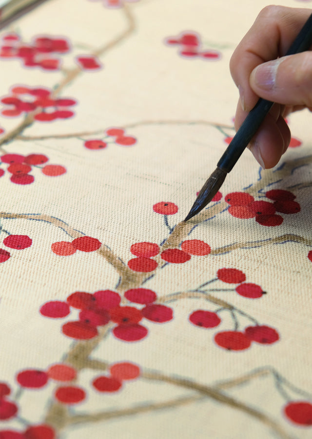 Hand-dyed Linen Noren (Japanese Doorway Curtain) - Japanese Winterberry - , Kyoto Noren