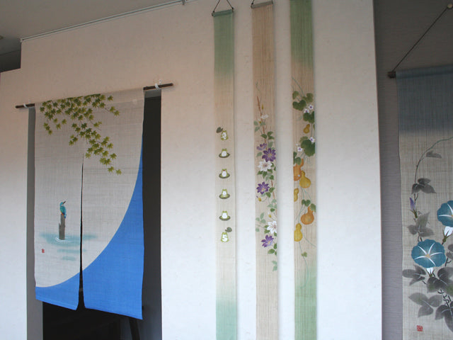 Hand-dyed Linen Noren (Japanese Doorway Curtain) - Maple and Kingfisher - , Kyoto Noren