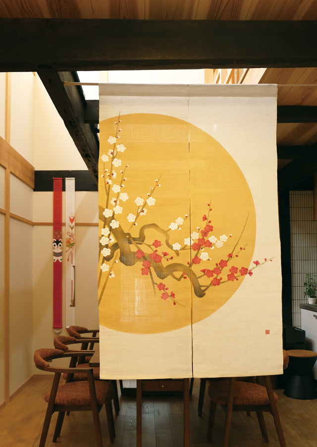 Hand-dyed Linen Noren (Japanese Doorway Curtain) - Full Moon and Plum - , Kyoto Noren