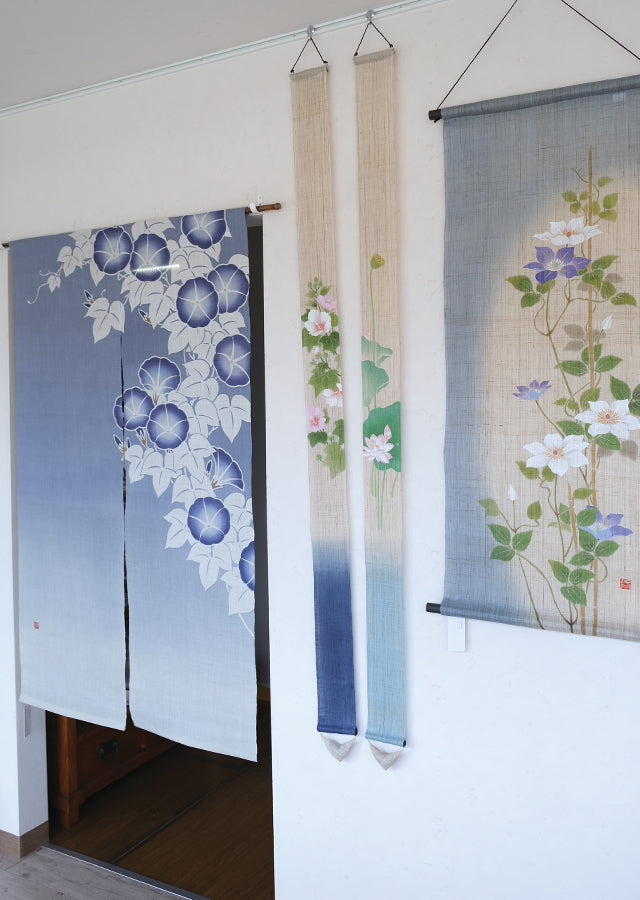 Hand-dyed Linen Noren (Japanese Doorway Curtain) - Morning Glory - , Kyoto Noren