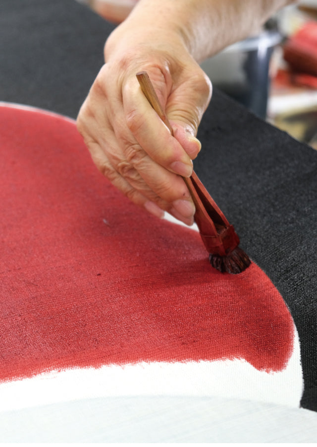 Hand-dyed Linen Noren (Japanese Doorway Curtain) - Red and White Camellia - , Kyoto Noren