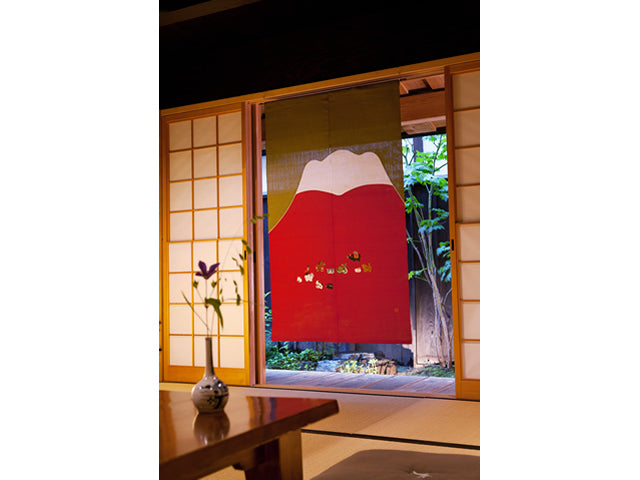 Hand-dyed Linen Noren (Japanese Doorway Curtain) - Red Mt. Fuji and Japanese Zodiac - , Kyoto Noren