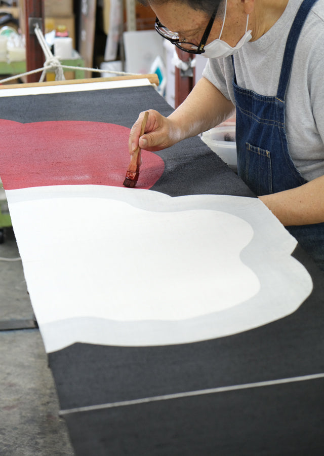Hand-dyed Linen Noren (Japanese Doorway Curtain) - Red and White Camellia - , Kyoto Noren